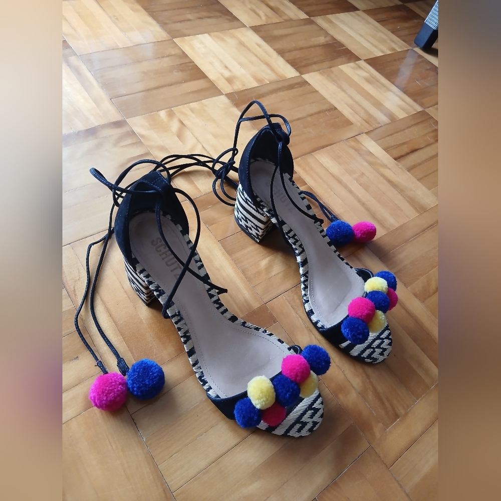Schutz Colorful Pom Pom Women's Sandals.Size 38